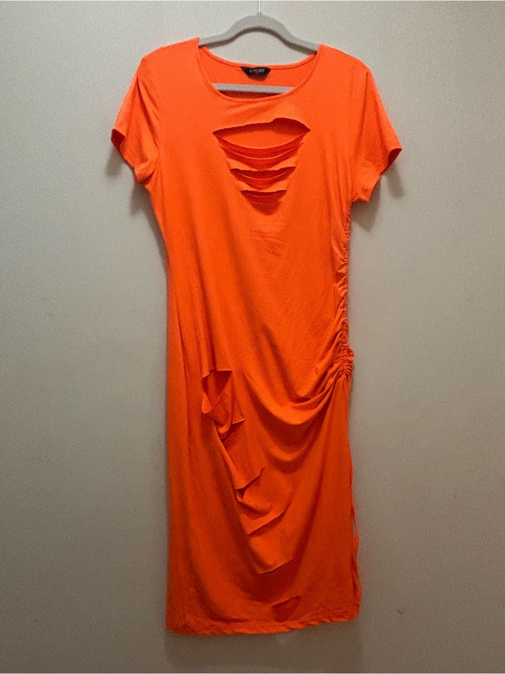 chic Neon Orange Midi Dress with Front Cutouts & Side Ruching